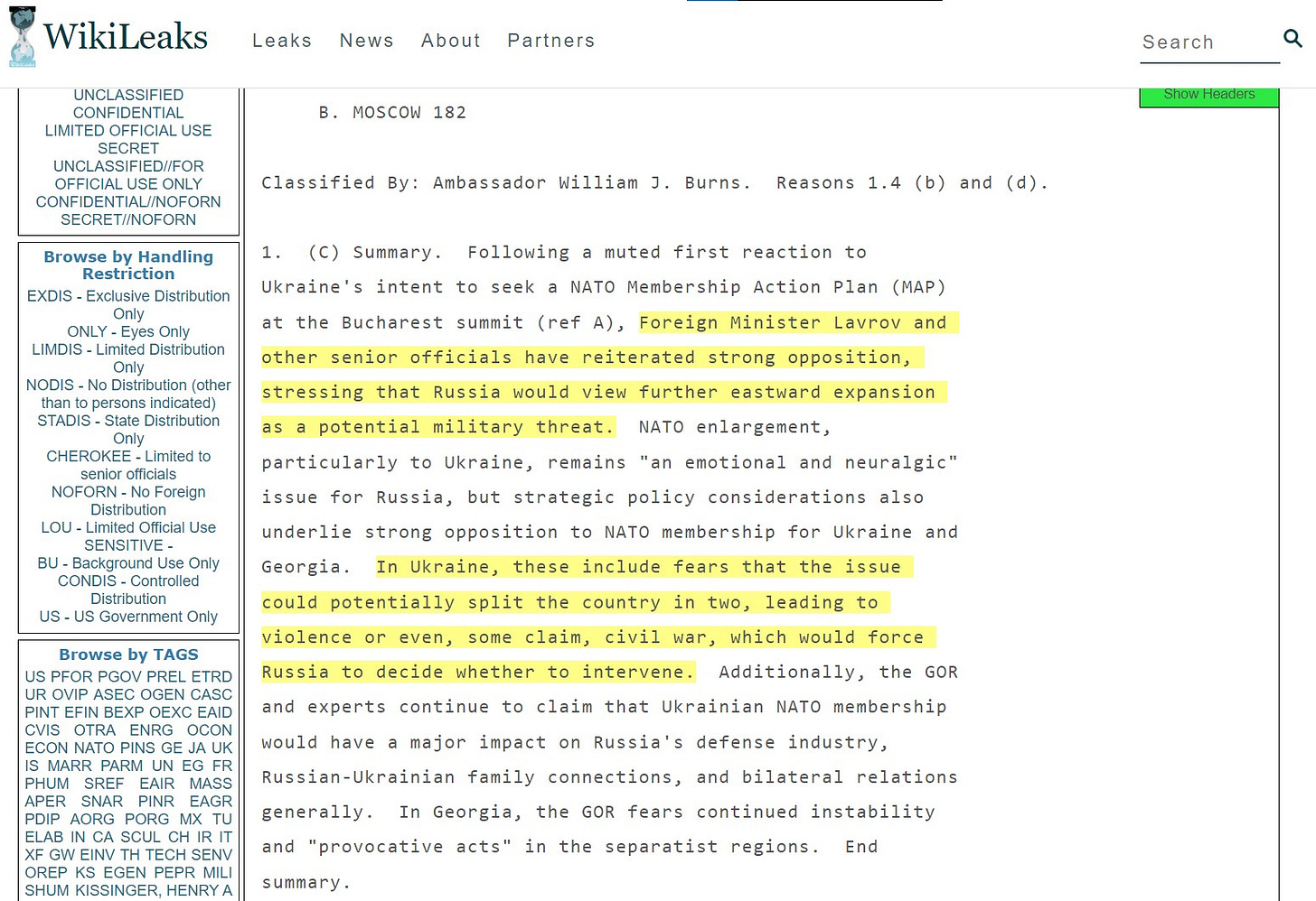 WikiLeaks Ukraine NATO Russia William Burns