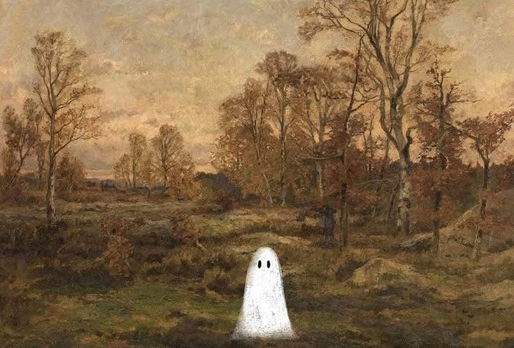 This may contain: a painting of a white ghost standing in the middle of a wooded area with trees