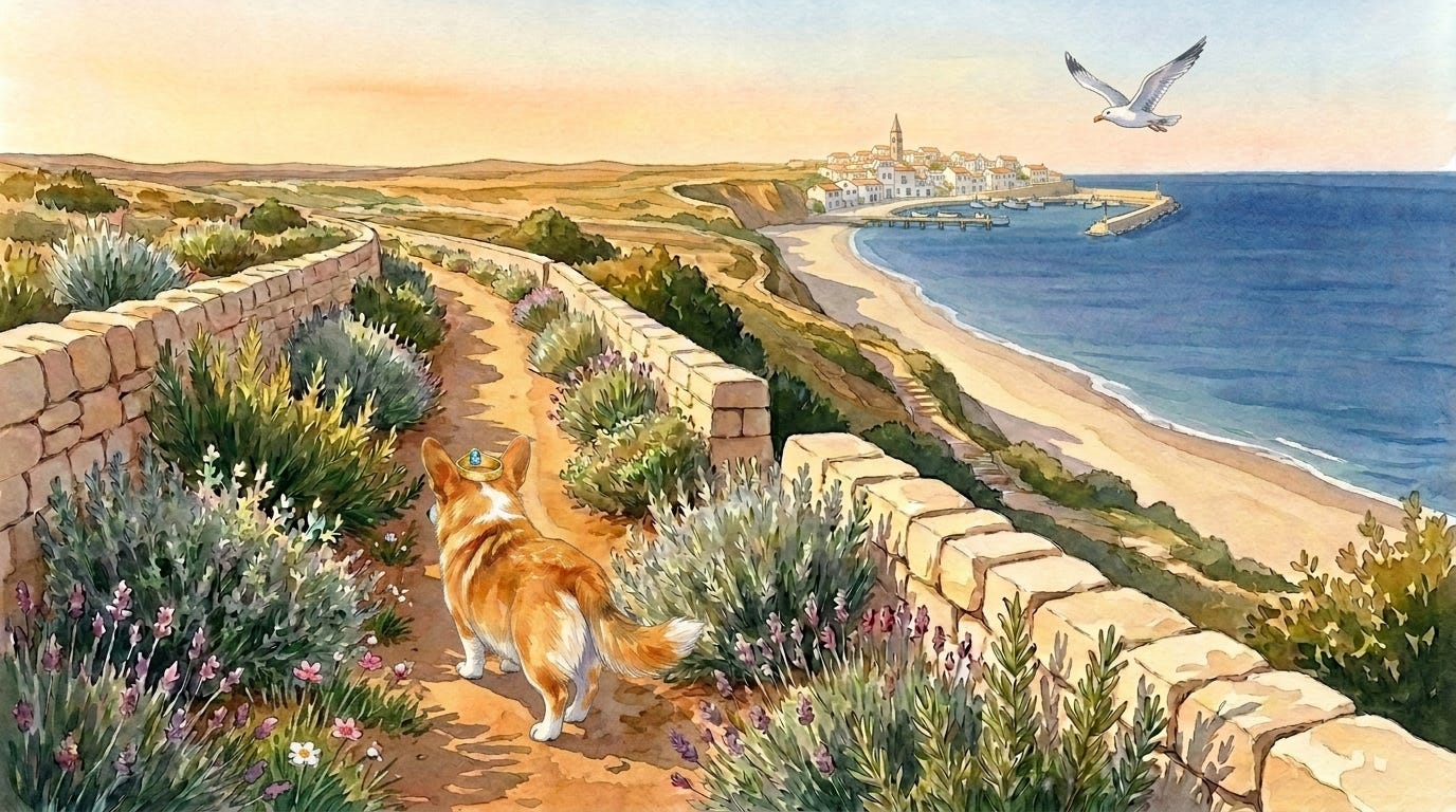 Pedro the fisherman walks beside Prince Freddie toward the seagull parliament — cozy bedtime story illustration.