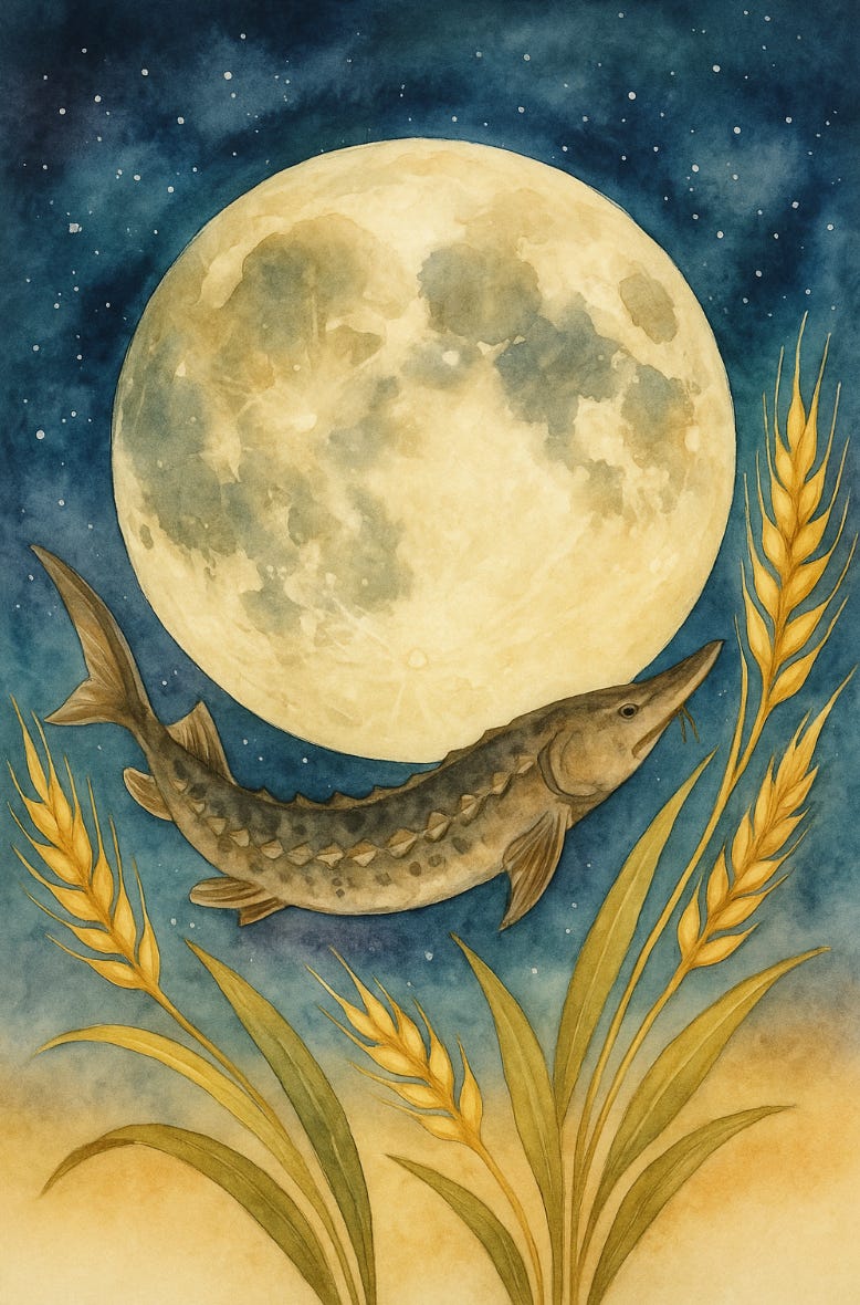 Sturgeon Full Moon watercolour AI image with night sky - CreaTEAvity Studio - Creative Envisioning