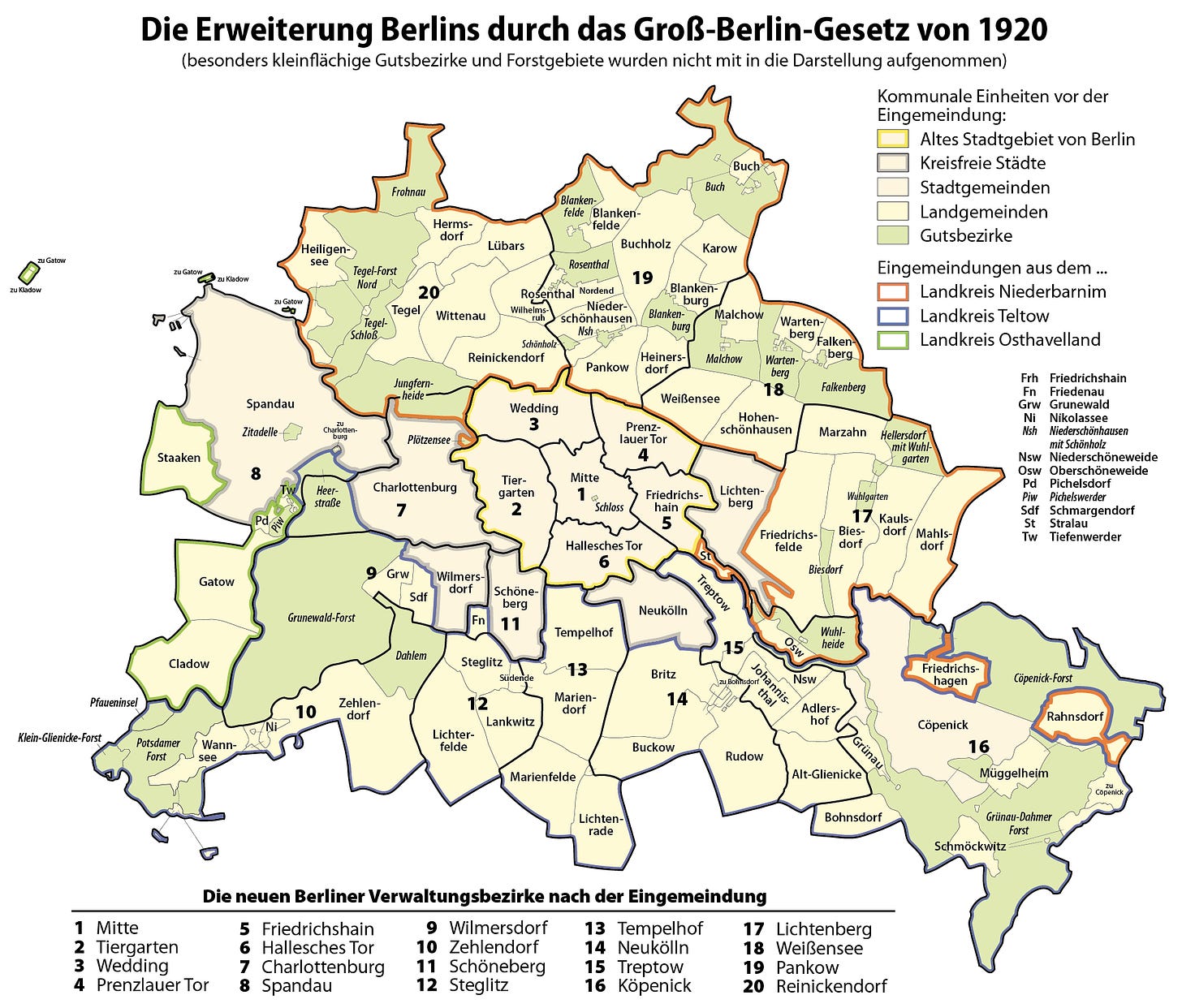 Color diagram showing the districts of the modern city of Berlin with lines indicating the original city limits and then the districts that were incorporated in 1920, Color diagram showing the districts of the modern city of Berlin with lines indicating the original city limits and then the districts that were incorporated in 1920,