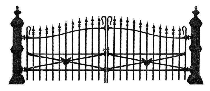 Free Antique Graphic for Halloween: Spooky Wrought Iron Fence Illustration  with Black Cat Head Design