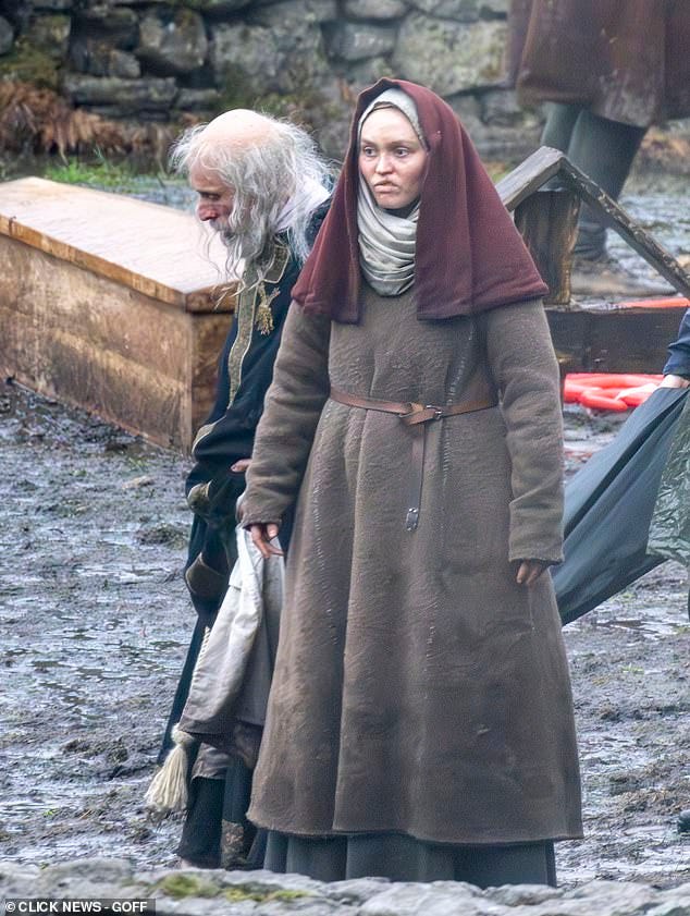 Lily-Rose Depp pictured on the set of the new medieval horror Werwulf in Surrey