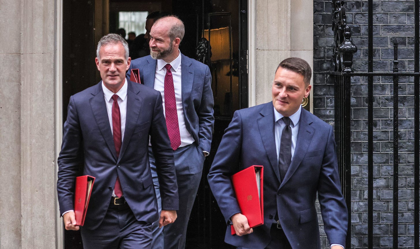 Wes Streeting, Health Secretary (front), Peter Kyle, Secretary of State for Science, Innovation and Technology, MP Hove (2nd) Jonathan Reynolds, Business Secretary (3rd). Ministers in the new Starmer Labour Party government in Downing Street for their first Cabinet Meeting since being appointed yesterday. Credit: Imageplotter/Alamy Live News
