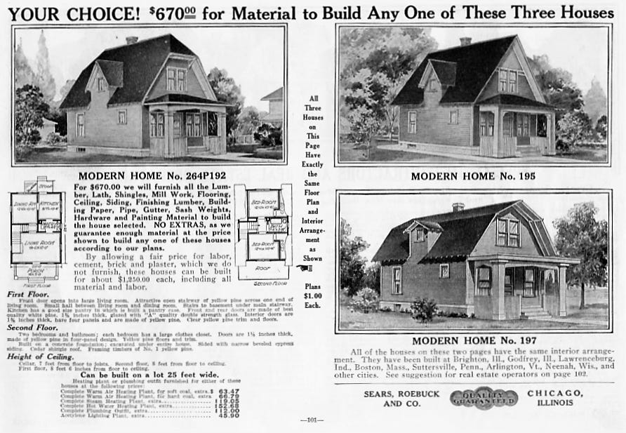 A black-and-white interior page from a Sears, Roebuck and Co. catalog headlined "Your Choice! $670.00 for Material to Build Any One of These Three Houses." Three house designs are shown — Modern Home No. 264P192, No. 195, and No. 197 — all sharing the same floor plan: a two-storey Dutch Colonial–style home with a gambrel roof. The left column includes detailed floor plans for both levels and descriptive text listing all included materials (lumber, shingles, flooring, hardware, etc.), noting the total cost including labour would be approximately $1,250. Optional add-ons like heating plants and plumbing are listed with prices. Published by Sears, Roebuck and Co., Chicago, Illinois.