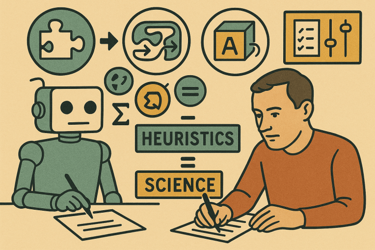 A Dall-E image of a robot and a man, with lots of nonsense symbols, and Heuristics = Science written out.