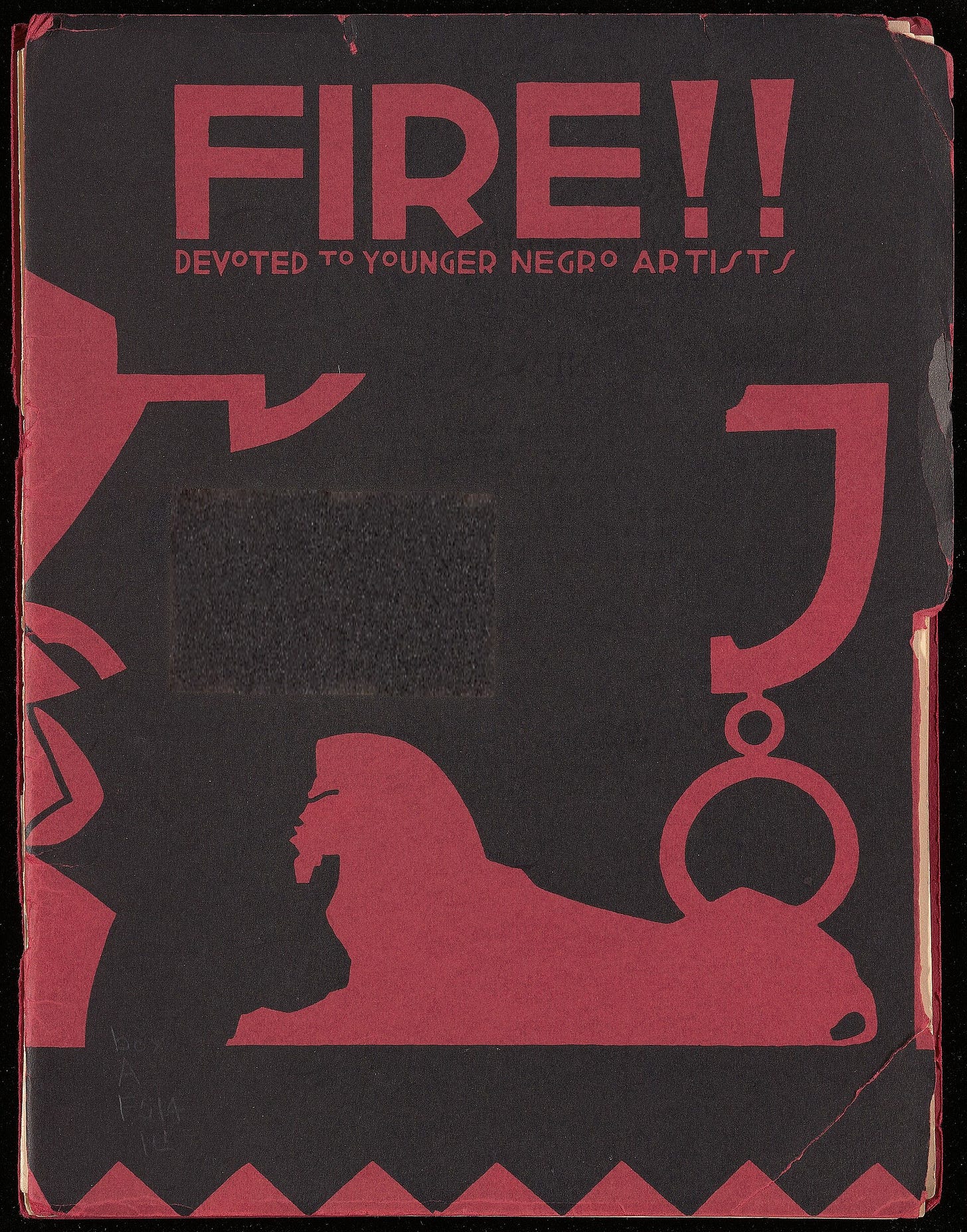 Red magazine cover with the title FIRE!! in black capitals and a stylized African profile drawn in flat black shapes. Red magazine cover with the title FIRE!! in black capitals and a stylized African profile drawn in flat black shapes.