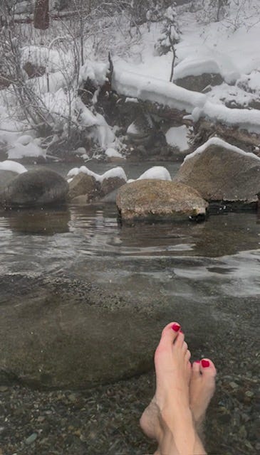 A beach in winter, a hot spring, a view of a winter river from a bridge