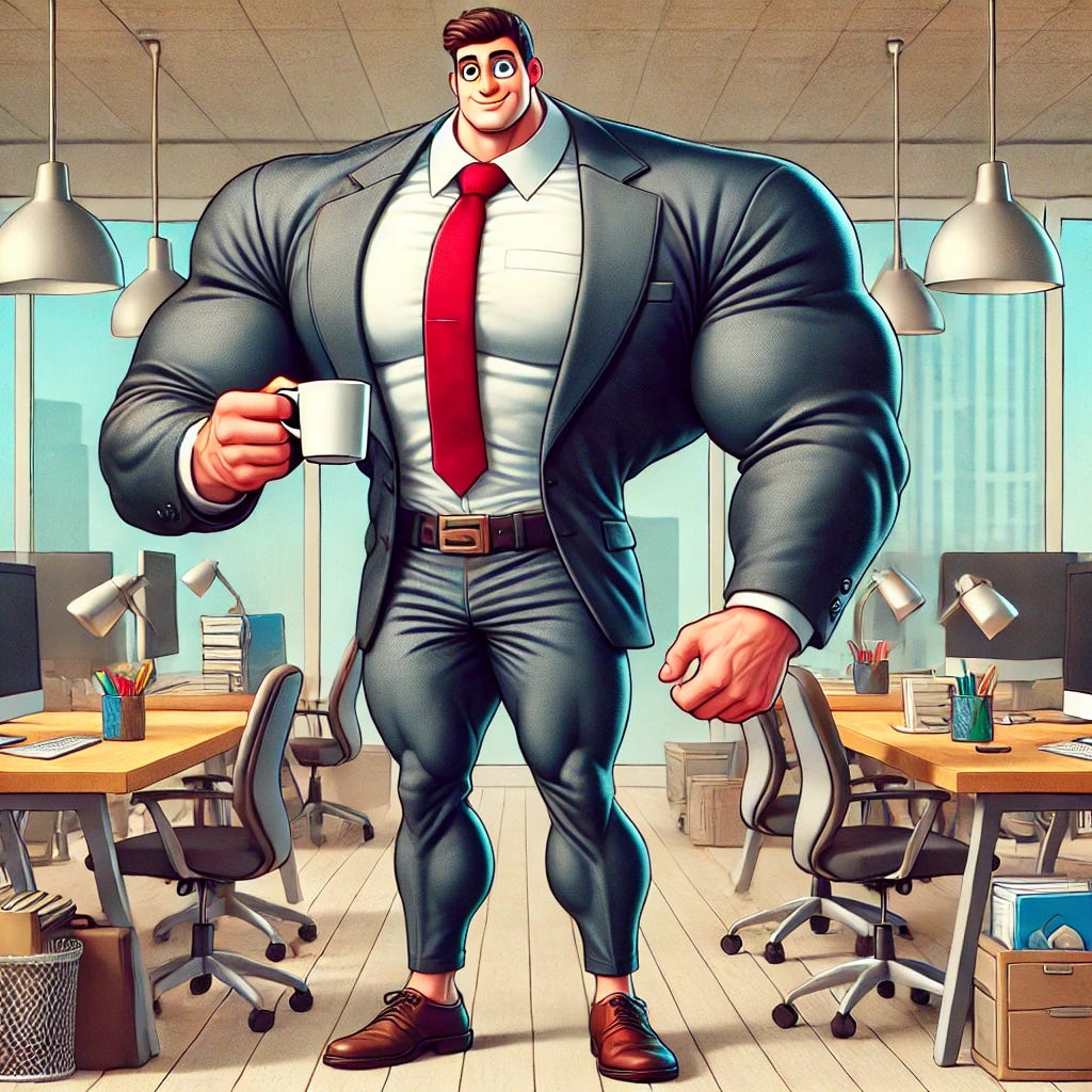 A humorous cartoon-style illustration of a white-collar professional wearing a business suit, with exaggeratedly large and muscular arms, contrasted by very small and skinny legs. The scene is set in a modern office with desks, computers, and office supplies in the background. The professional is holding a coffee cup in one massive hand and has a comical, confident expression, emphasizing the contrast between their upper and lower body. The overall tone is lighthearted and playful.