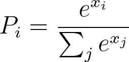 P_i = \frac{e^{x_i}}{\sum_{j} e^{x_j}}