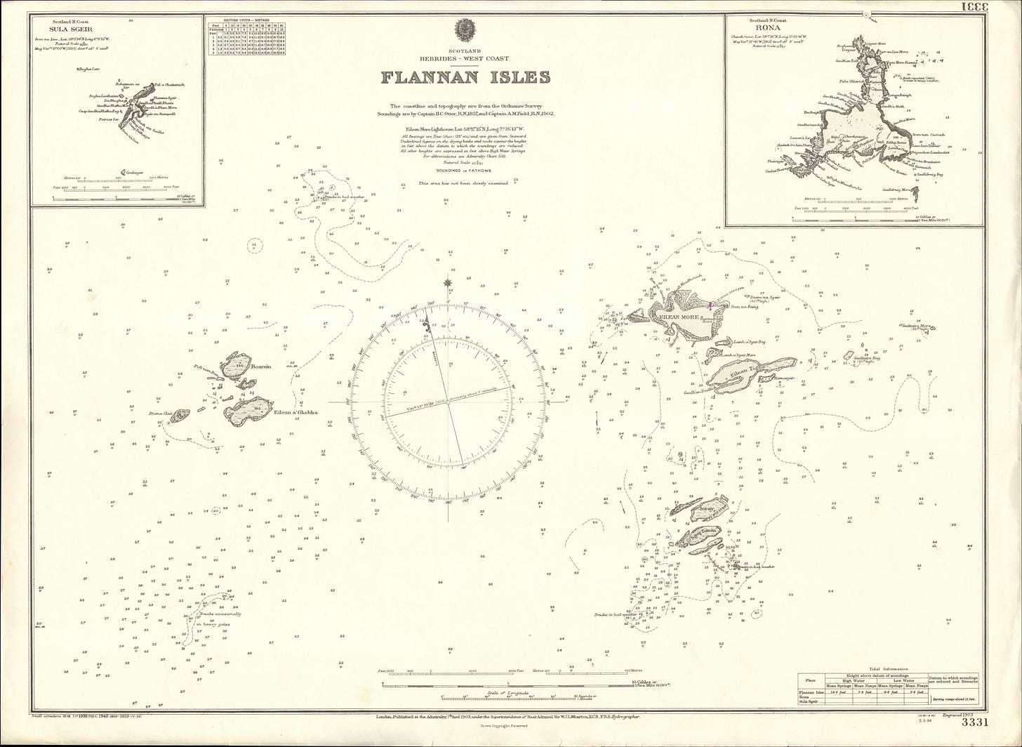 Admiralty chart showing the Flannan Isles, surrounding soundings and inset maps of Sula Sgeir and Rona.