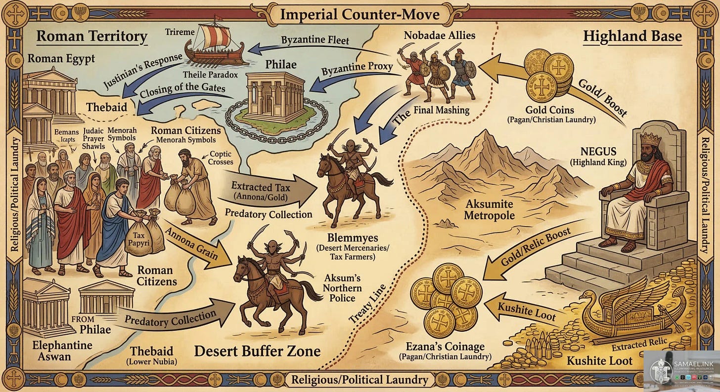A detailed, illustrative map and infographic titled "Imperial Counter-Move" visualizing a complex historical landscape and geopolitical situation in Northeast Africa, likely during the time of the Aksumite Empire and the Roman/Byzantine presence in Egypt. The image is presented as an antique parchment map divided into distinct zones and vertical sections.  On the left side, labeled "Roman Territory" and "Roman Egypt," classical architecture (like temples and columns) is shown. A crowd of "Roman Citizens" is depicted, with labels pointing to diverse individuals: "Judaic Prayer Shawls," "Menorah Symbols," "Coptic Crosses," and "Tax Papyri." An arrow labeled "Annona Grain" points from this crowd to a large pile of grain bags labeled "Kushite Loot" in the lower right. Byzantine soldiers ("Byzantine Proxy") are shown attacking Blemmyes in the top left. A Roman "Byzantine Fleet" of triremes is blockading a location labeled "Philae" and "Theile Paradox." An arrow labeled "Justinian’s Response" points to this blockade. The island of Philae has a large temple with chains around it, labeled "Closing of the Gates."  The center of the image, labeled "Desert Buffer Zone" and "Thebaid (Lower Nubia)," depicts a dry landscape with small bushes. A "Treaty Line" separates this area from the "Aksumite Metropole" to the right. A prominent figure, with four arms and a face resembling a Blemmy, is shown on horseback. It is labeled "Blemmyes (Desert Mercenaries/Tax Farmers)" and "Aksum's Northern Police." A large, dark arrow labeled "Extracted Tax (Annona/Gold)" and "Predatory Collection" points FROM the Roman citizens directly TO the Blemmyes. A smaller group of Blemmyes warriors is being attacked by soldiers with circular shields, labeled "Nobadae Allies." An arrow labeled "The Final Mashing" points to this conflict.  On the right side, labeled "Highland Base," a powerful, dark-skinned "Negus (Highland King)" is shown sitting on a stepped stone throne, wearing a crown and robe. Below him is a massive pile of "Kushite Loot" (gold coins and a prestigious, gold and silver bird-like relic, labeled "Extracted Relic" and "Prestige Mandate"). A large arrow labeled "Gold/Relic Boost" points from this loot to a cluster of stylized gold coins labeled "Ezana’s Coinage (Pagan/Christian Laundry)" and "Gold Boost." A "Treaty Line" separates this metropole from the buffer zone. A distinctive, elaborate border surrounds the entire image, made of intertwined symbols: a cross, a crescent and disc, and a wheat stalk, labeled "Religious/Political Laundry." The overall style is that of an antique, sepia-toned parchment document with gold, deep red, cobalt blue, and faded green colors.