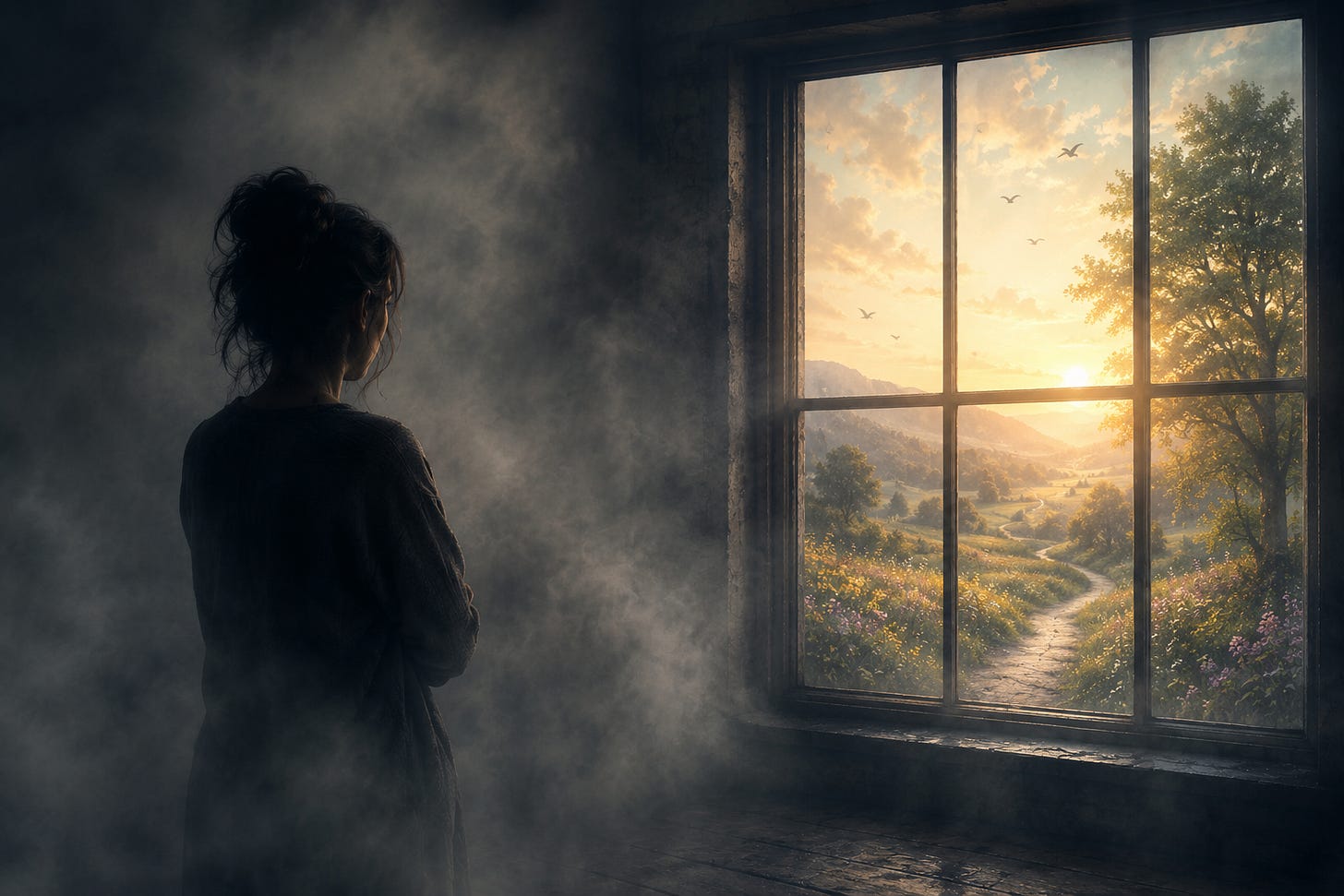 A woman looks out of her grief into the uncertain future A woman looks out of her grief into the uncertain future