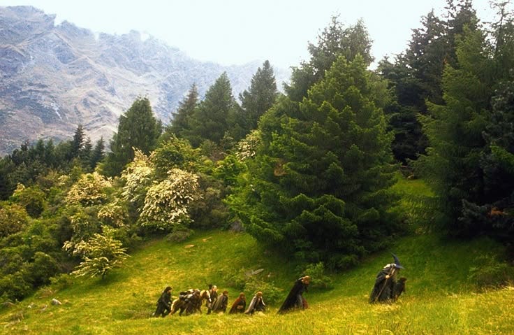 This may contain: a group of people hiking up a grassy hill in the woods with mountains in the background