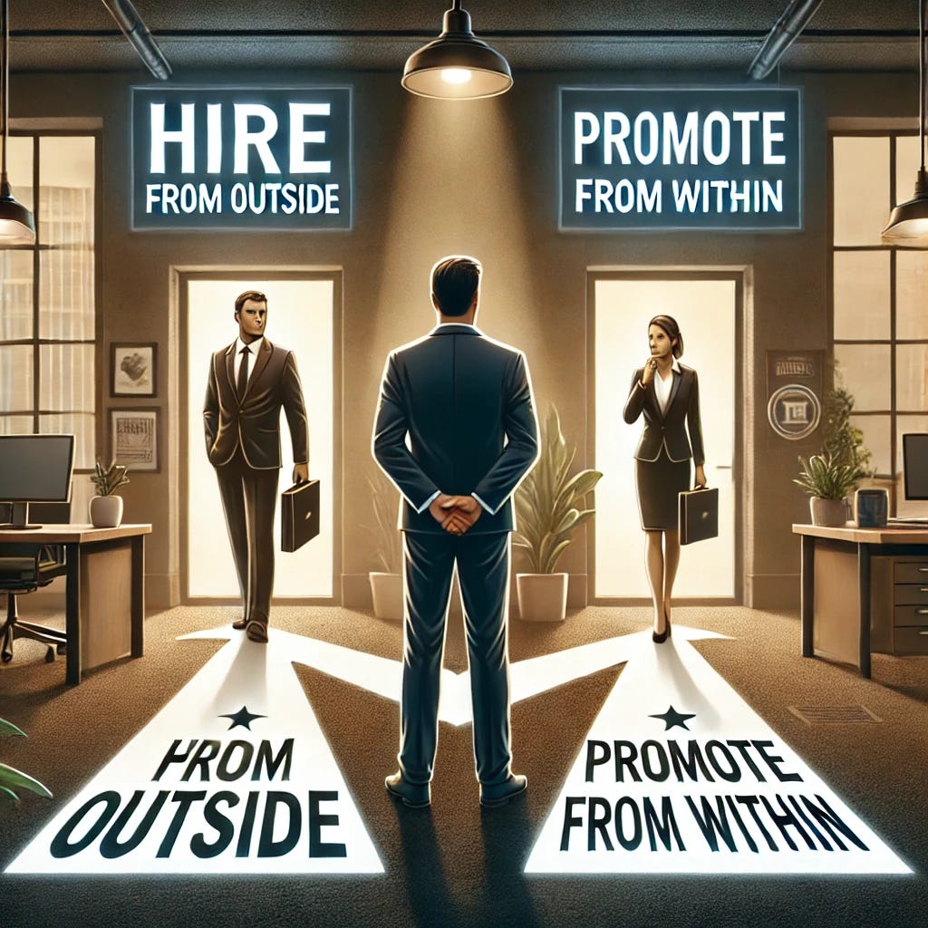 A scene illustrating a CEO in a modern office setting, standing at a crossroads symbolized by two paths. At the top-left, the words 'Hire from Outside' are displayed, and at the top-right, 'Promote from Within' is displayed. On one path, an external candidate stands confidently with a briefcase, symbolizing innovation and fresh perspective. On the other path, an internal employee with a company badge represents loyalty and familiarity. The CEO stands at the crossroads, thoughtfully considering both options. The background includes office decor and company branding, with lighting conveying decision-making pressure.