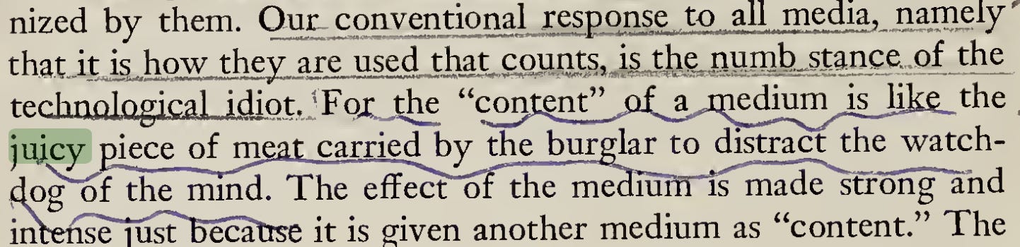 A close-up screen capture of printed book text from Marshall McLuhan's 'Understanding Media,' highlighting his famous quote on media content acting as a distraction from structural reality.