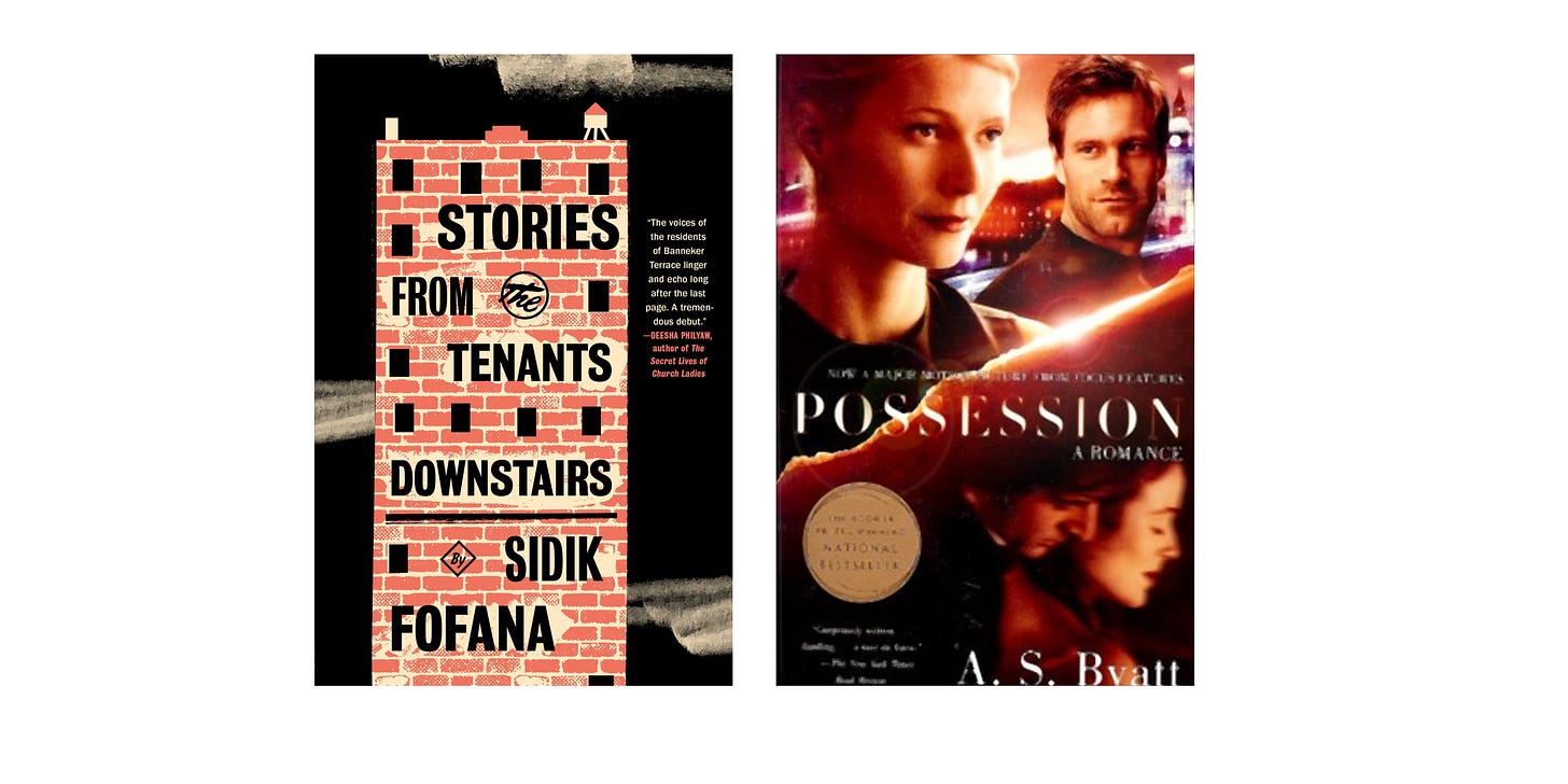Book cover images for Stories from the Tenants Downstairs by Sidik Fofana and Possession by A.S. Byatt