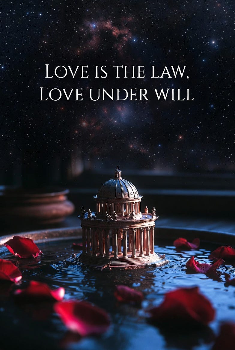 A contemplative scene with a classical model in water, rose petals, and a starry sky, featuring philosophical text.