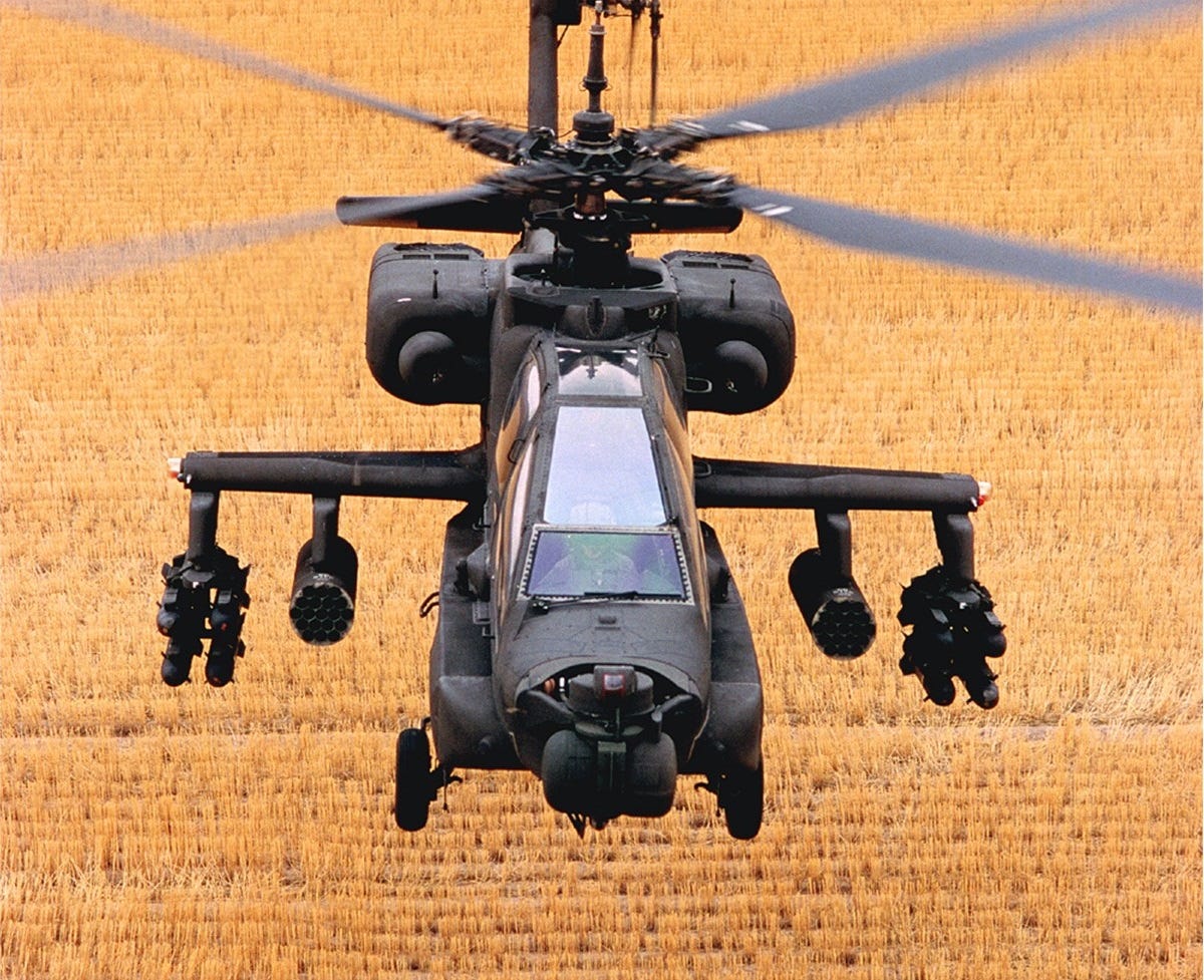 Pic of an Apache helicopter hovering over a field