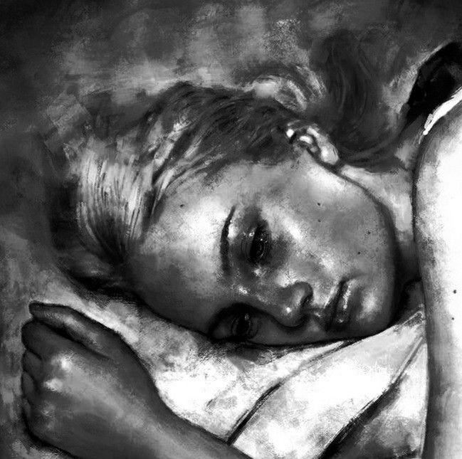 This may contain: a black and white drawing of a woman sleeping
