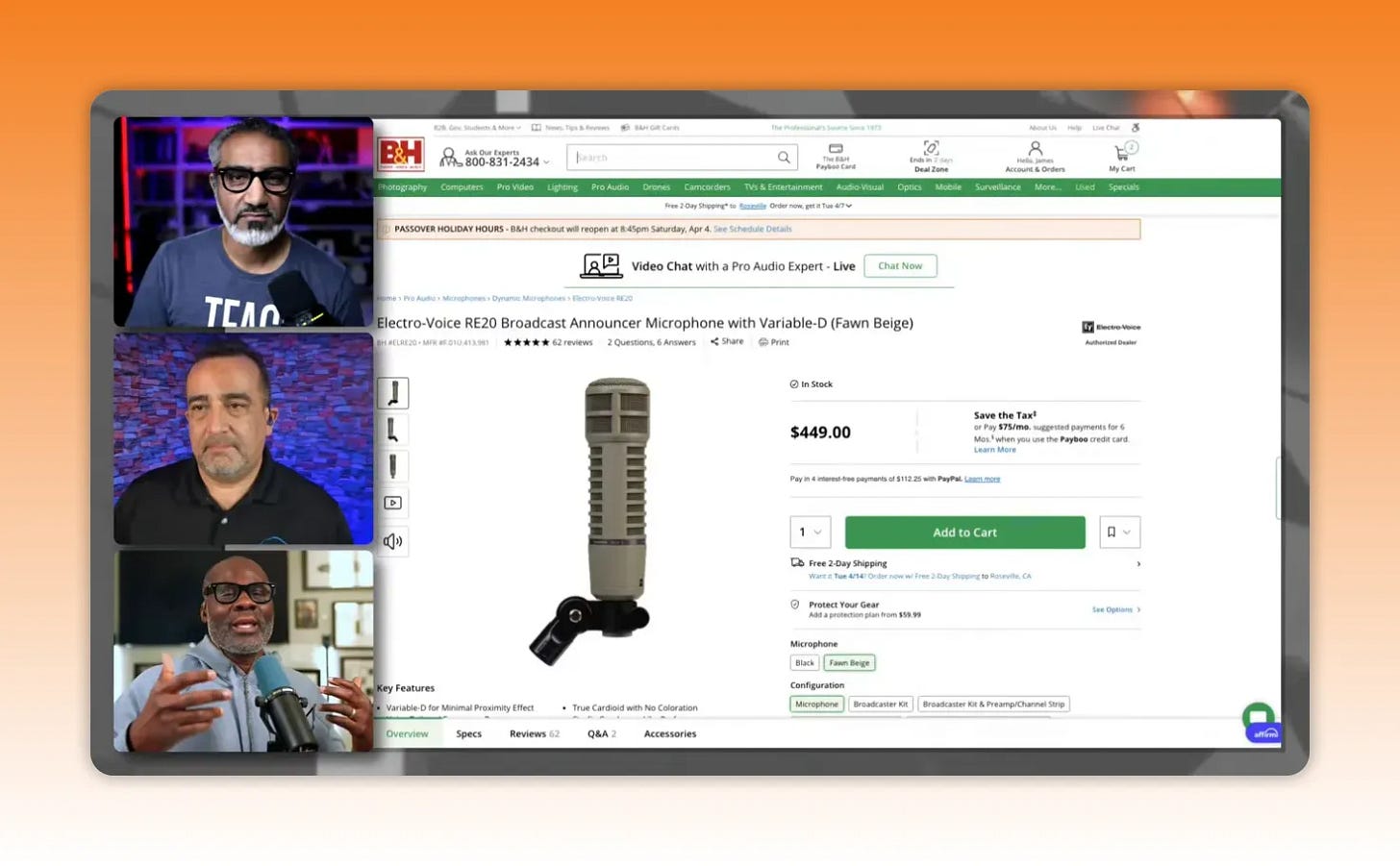 Electro-Voice RE20 microphone product listing with configuration options shown during audio setup segment
