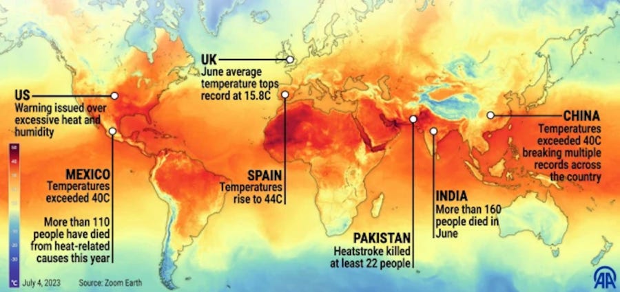 Map showing temperatures around the world and numbers of people killed by heatwaves, 4 July 2023. Data: Zoom Earth. Graphic: Anadolu Agency / Getty