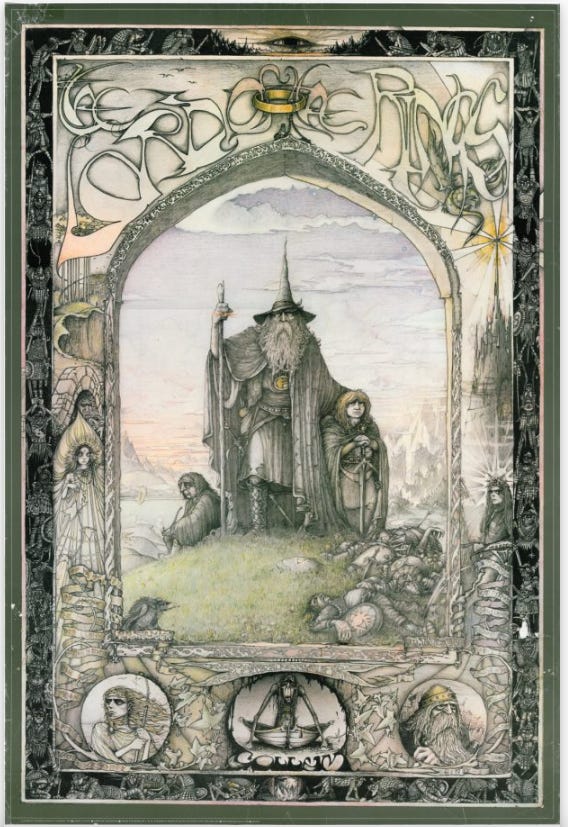 A painting of Gandalf and two hobbits. Gandalf, a member of the mystical Istari order and leader of the Fellowship of the Rings, as standing wise and resilient in a highly stylised mountainous landscape.