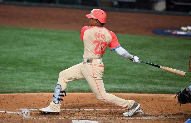 Juan Soto of the New York Yankees hits a 2 RBI double in the bottom of the third inning during the 94th MLB All-Star Game presented by Mastercard at...