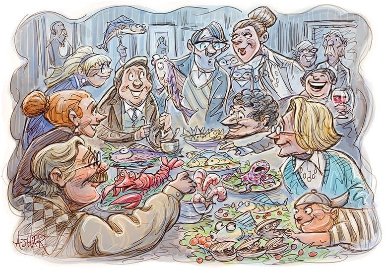 Illustration of big family enjoying a Feast of the Seven Fishes meal