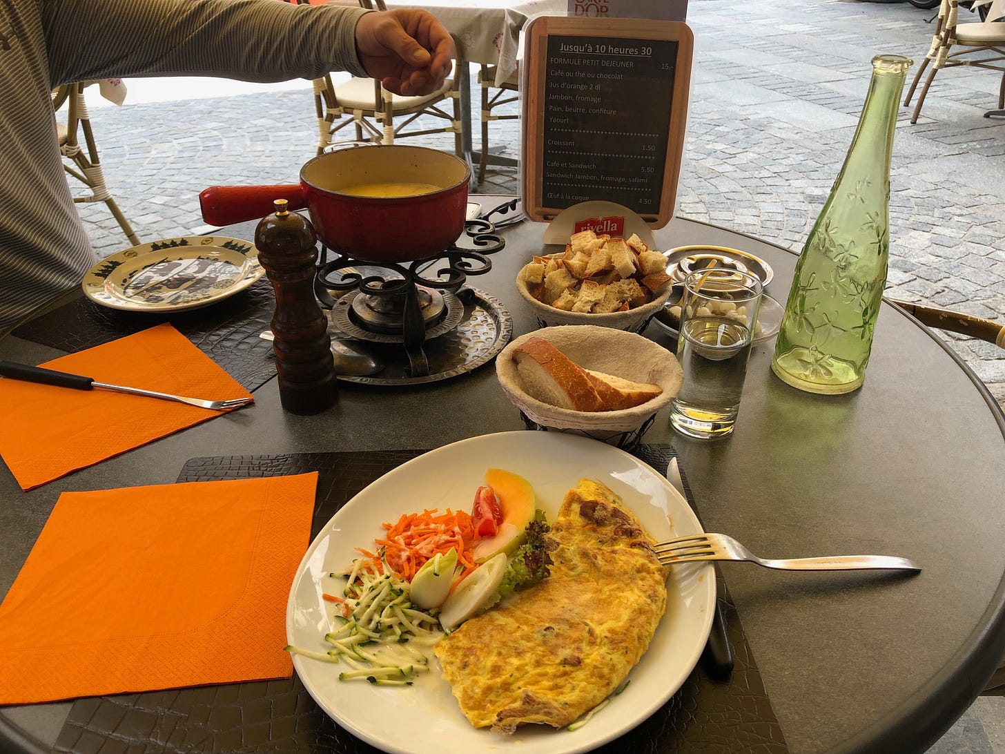 Our leisurely lunch of chanterelle fondue and chanterelle omelette, followed by apricot parfaits.