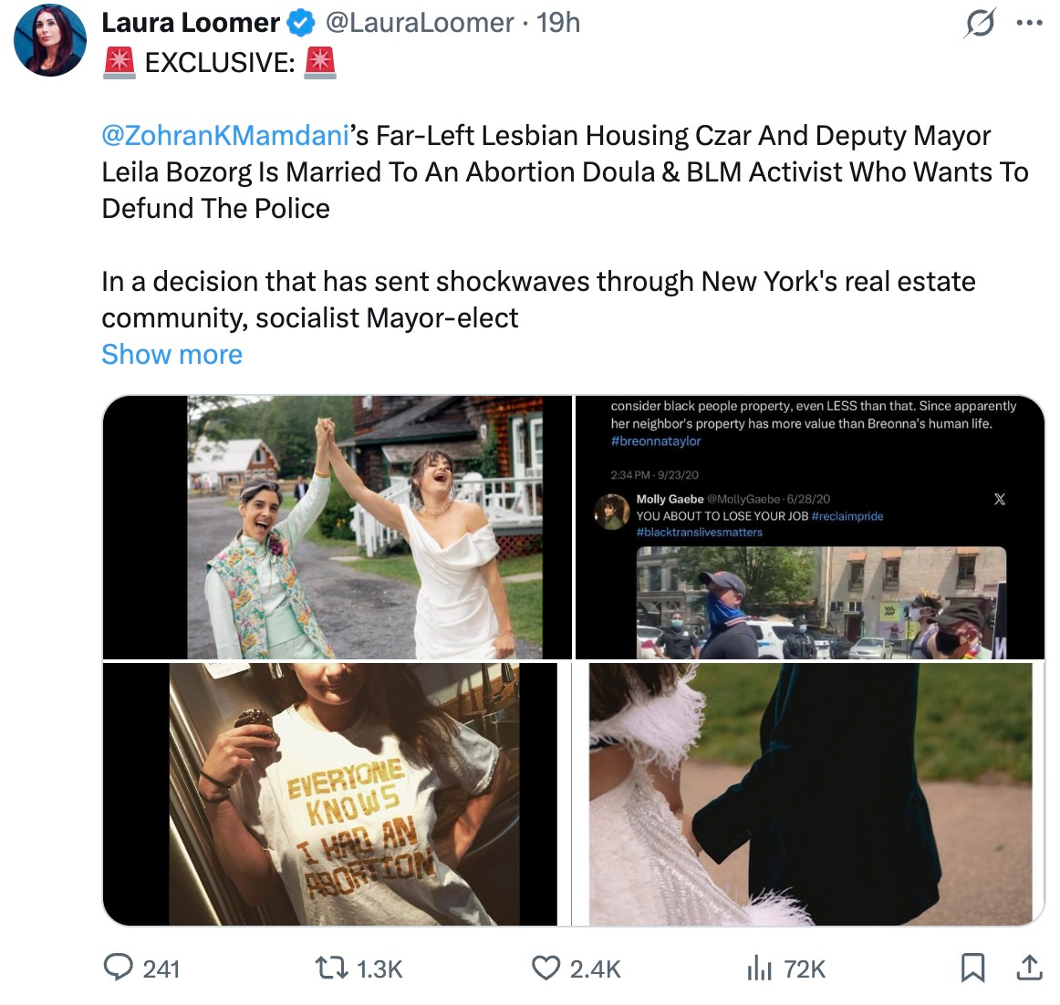 🚨 EXCLUSIVE: 🚨   @ZohranKMamdani ’s Far-Left Lesbian Housing Czar And Deputy Mayor Leila Bozorg Is Married To An Abortion Doula & BLM Activist Who Wants To Defund The Police   In a decision that has sent shockwaves through New York's real estate community, socialist Mayor-elect Zohran Mamdani has tapped Leila Bozorg—a veteran bureaucrat with a track record of pushing aggressive tenant protections and equity mandates—as his Deputy Mayor for Housing and Planning.  Bozorg's appointment heralds a dangerous shift toward government-dominated housing policies that could cripple private investment and echoes  failed socialist experiments.  Bozorg, who served as Executive Director of Housing under outgoing Mayor Eric Adams, will spearhead Mamdani's radical campaign pledges: imposing a prolonged freeze on rents for over 900,000 stabilized apartments and forcing through 200,000 new "permanently affordable" units. While some have portrayed Bozorg as a pragmatic "development advocate," she is a hardcore ideologue committed to tenant extremism and forced redistribution of housing resources.  Under Adams, Bozorg co-chaired the Tenant Protection Cabinet—a multi-agency body slammed by landlords as a one-sided war room stacked against property owners, coordinating crackdowns on private landlords while expanding bureaucratic oversight. She was also instrumental in the "City of Yes" zoning changes and "Where We Live NYC" fair housing initiative, which detractors label as social engineering schemes designed to impose subsidized housing on high-income neighborhoods, dismissing legitimate community concerns as "exclusionary" or discriminatory.  These policies effectively punish success by targeting affluent areas for mandatory integration based on income and race—amounting to reverse discrimination under the guise of "equity." Bozorg's involvement in the "Green Fast Track" for expedited environmental reviews has further raised eyebrows as a tool to ram through projects while bypassing standard safeguards.  Adding to the controversy are Bozorg's personal ties. She is married to Molly Gaebe, a comedian and self-described abortion doula who has boasted of assisting "hundreds" through abortion procedures and openly shared her own abortion story. Gaebe has publicly criticized delays in affordable housing approvals and railed against community opposition to such projects. In older social media posts, she has championed extreme causes like "Defund the Police," claiming law enforcement's roots lie in slave patrols. Gaebe’s hostile rhetoric toward police should alarm all New Yorkers as it’s an indicator that Mamdami’s administration will be favorable to criminals and hostile to law enforcement, which will certainly increase violent crime in NYC.   Real estate leaders fear the worst: Pairing Mamdani's rent freeze with Bozorg's radical Left history could make owning rental properties economically suicidal, driving up maintenance costs while capping income. This will lead to abandoned units, decaying buildings, and soaring rents in the free market—pushing the city toward greater state control, public housing expansion, and the marginalization of private enterprise.  This isn't balanced governance—it's a roadmap to government takeover of the housing market that will replicate failures of rigid rent controls in places like Sweden and San Francisco, where shortages, black markets, and deterioration followed. Private landlords will be squeezed out, incentives destroyed, and taxpayers will be left footing the bill for a bloated public system.  Communist housing systems, featuring strict rent controls and state-led development, have historically resulted in property expropriation, reduced private incentives, government dominance over housing supply, destruction of the housing market through shortages and deterioration, and devaluation of private housing ownership.  RECEIPTS 👇🏻