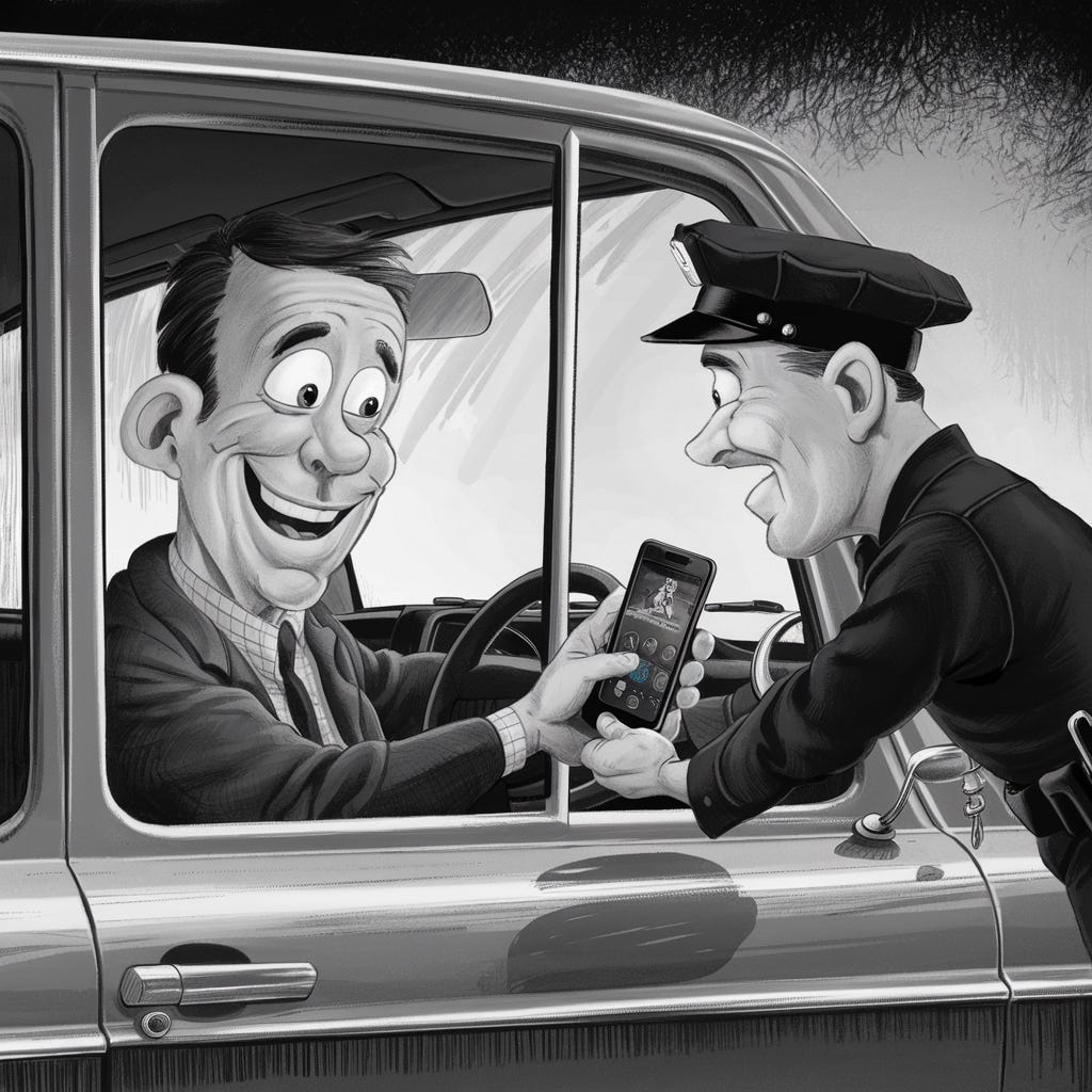 A harsh black-and-white illustration in a 1950's Dashiell Hammett private investigator style. A motorist driving his car is stopped by a policeman standing outside the driver's window. The driver is handing over his smartphone to the officer, with a big happy smile on his face.” A harsh black-and-white illustration in a 1950's Dashiell Hammett private investigator style. A motorist driving his car is stopped by a policeman standing outside the driver's window. The driver is handing over his smartphone to the officer, with a big happy smile on his face.”