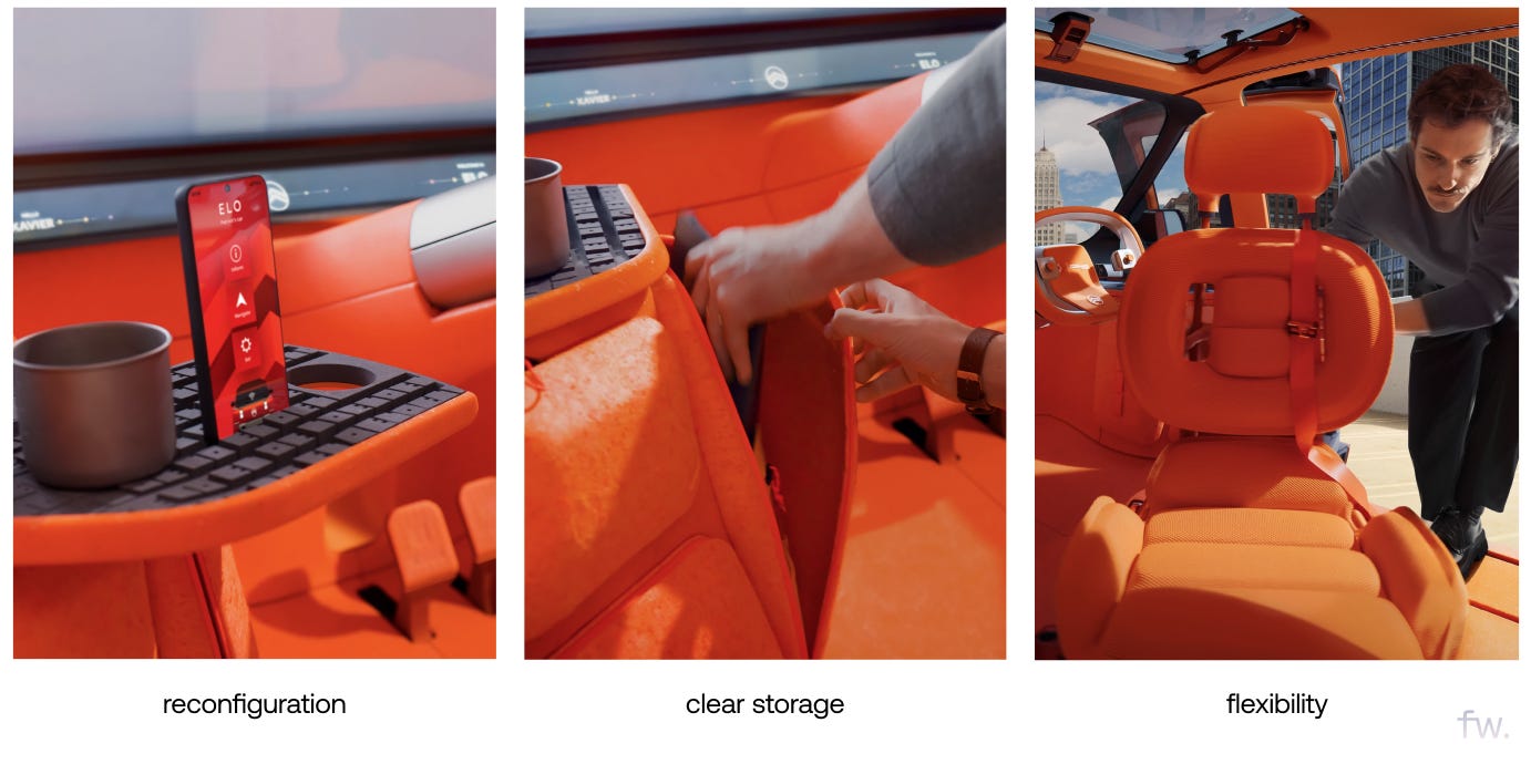 Three detail shots showing a fold-out desk surface with phone holder, a hand opening a storage compartment, and rear seats being extracted from the cabin. Three detail shots showing a fold-out desk surface with phone holder, a hand opening a storage compartment, and rear seats being extracted from the cabin.