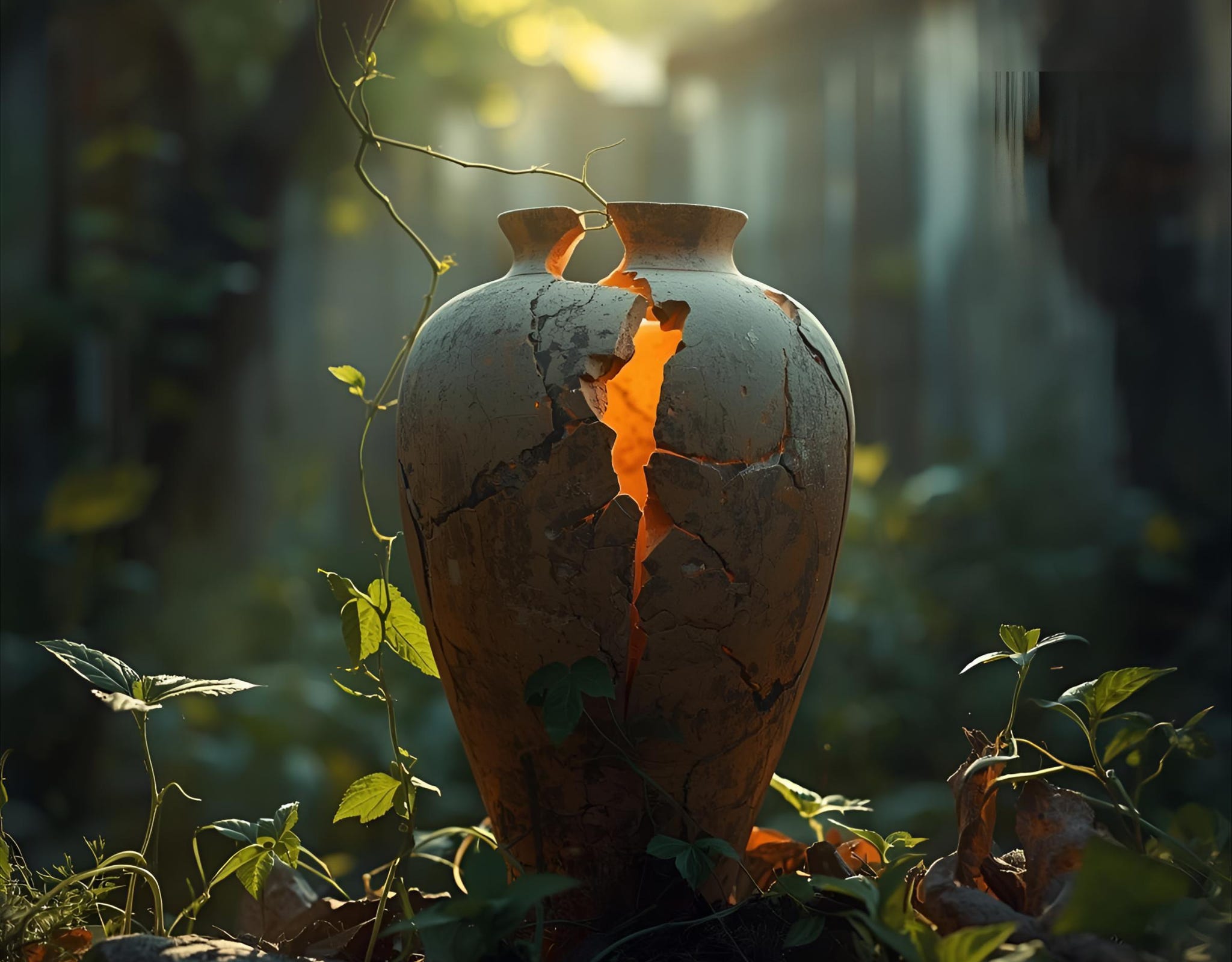 a broken pot in a forest setting with a glow coming from within as light streams in the background-Can the Mystery of Goodness Awaken Hope in a Broken World?  Why embracing the mystery of goodness can restore peace and courage in an age of fear