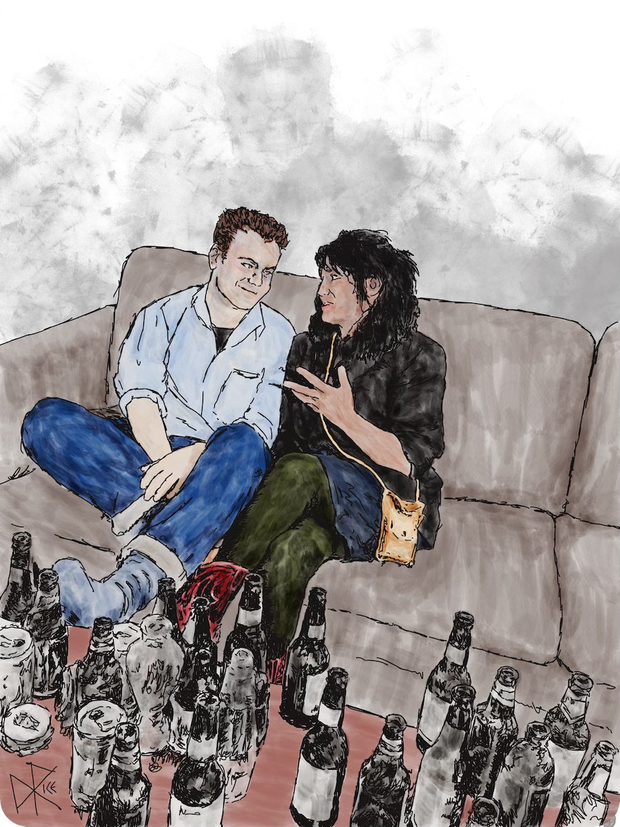 Two young folks happily chatting as they sit immediately next to each other on a sofa, hips and shoulders touching. The coffee table in front of the sofa is heavily crowded by empty beer bottles and cans. Sketch art by Don Rice.