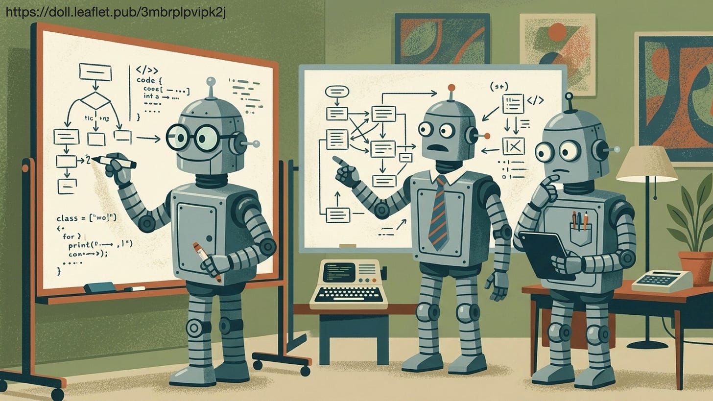 Illustration: robots writing code and flowcharts on whiteboards Illustration: robots writing code and flowcharts on whiteboards