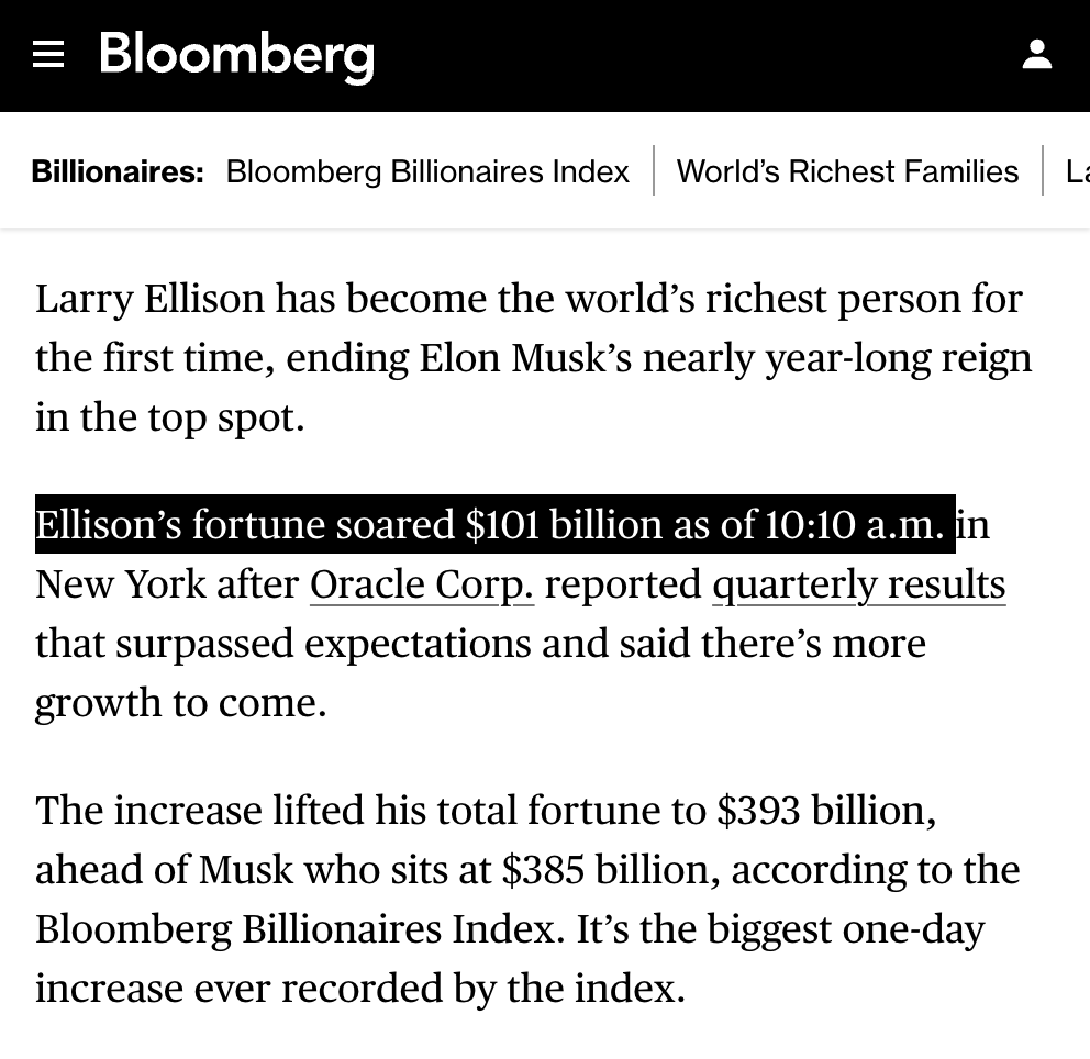 A screenshot of a Bloomberg webpage. The text includes "Bloomberg" at the top, followed by "Billionaires: Bloomberg Billionaires Index | World\'s Richest Families." Below, it states "Larry Ellison has become the world\'s richest person for the first time, ending Elon Musk\'s nearly year-long reign in the top spot." Additional text mentions Ellison\'s fortune increasing by $101 billion as of 10:10 a.m. in New York after Oracle Corp. reported quarterly results.