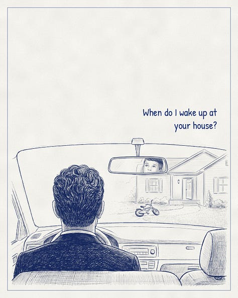 Blue-ink illustration. Father and son keep talking on the drive; the boy asks when he sleeps at Dad's.