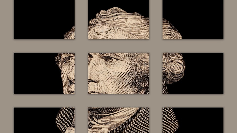A banner with a portrait of U.S. president Alexander Hamilton