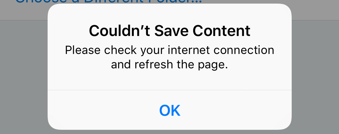 A screenshot of an iPhone alert that says "Couldn't Save content"