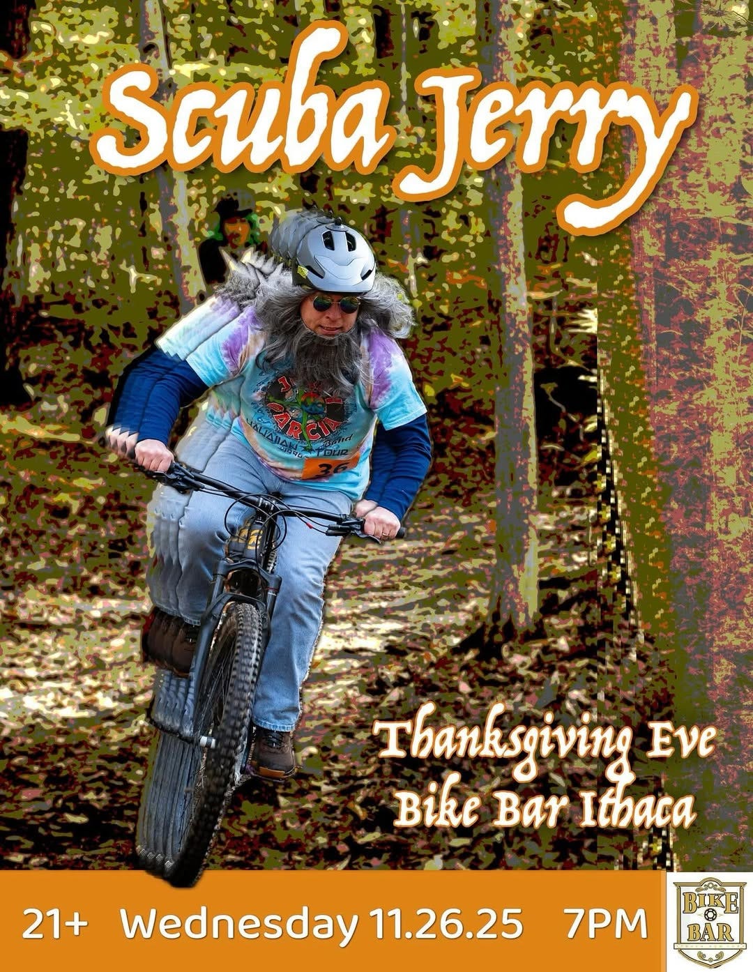 May be an image of bicycle and text that says 'Scuba Jerry Ihanksgiving Eve Bike Bar Itbaca 21+ Wednesday 11.26.25 7PM BA BAR'