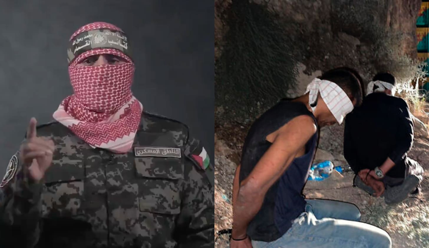 Collage: man in military fagitues with a scarf covering his face; two men bound and blindfolded Collage: man in military fagitues with a scarf covering his face; two men bound and blindfolded