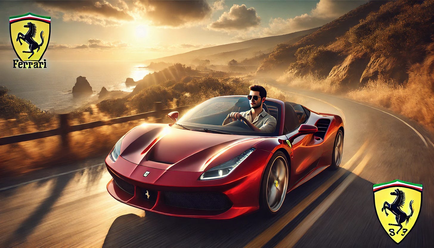 A highly realistic, photograph-style image of a man driving a Ferrari. The scene shows a sleek, red Ferrari sports car on a winding coastal road during golden hour, with sunlight glinting off the car's polished surface. The man behind the wheel is stylishly dressed, wearing sunglasses and a confident expression as he grips the steering wheel. The background includes a scenic view of cliffs, the ocean, and the horizon, emphasizing luxury and freedom.