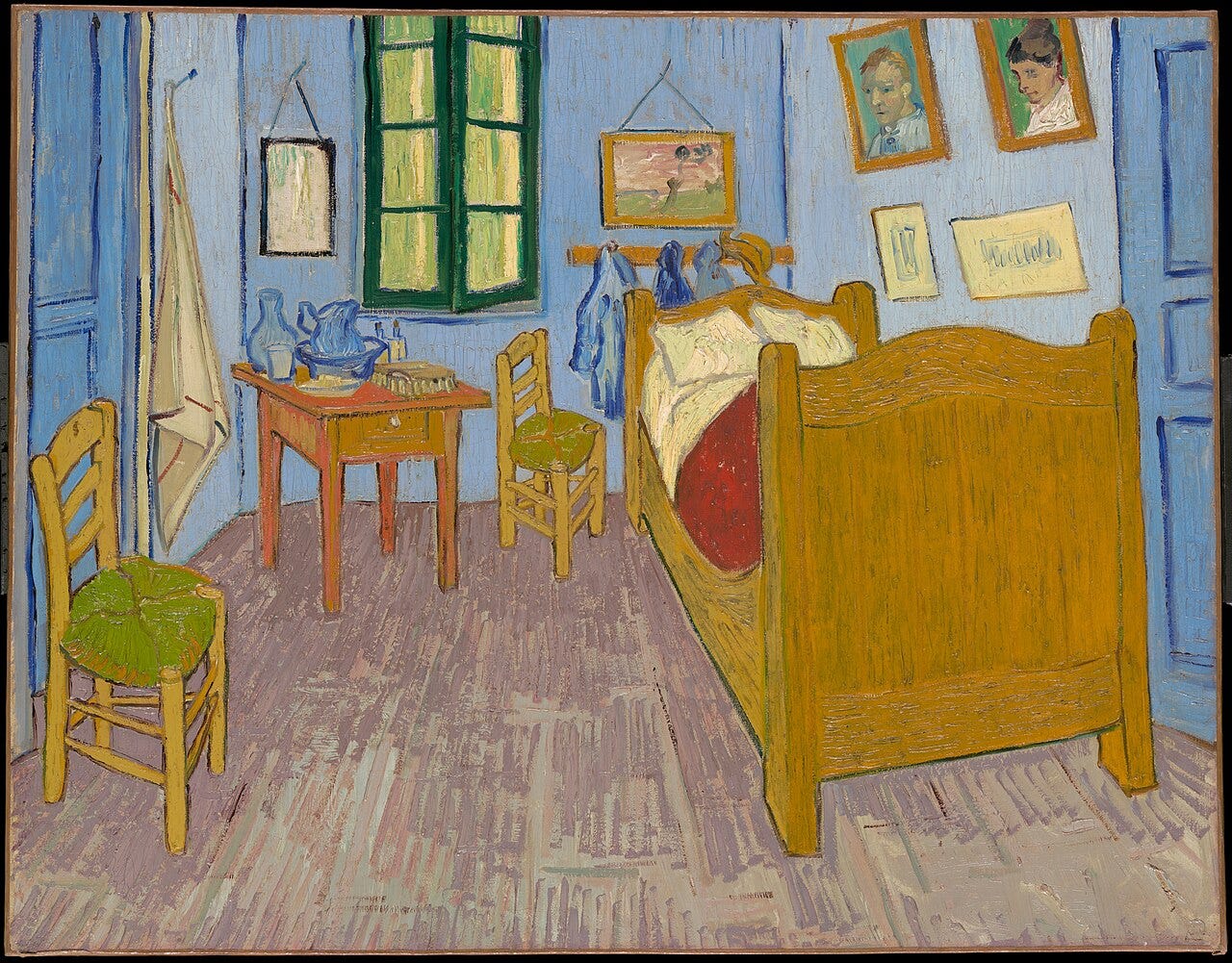 Van Gogh's bedroom with tilting walls and a bright bed Van Gogh's bedroom with tilting walls and a bright bed