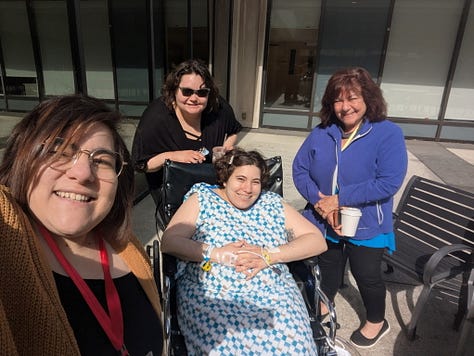 Upper left: Wandered around Longwood Gardens, PA with mom two days before surgery. Upper middle: A day after surgery, feeling pretty rough. Upper right: First time going outside after surgery. Faith wheeled me all over the hospital to find an open courtyard where we could get some fresh air, and Mom and Hannah joined us.  Center left: Nemours has therapy dogs who visit patients. This doodle named Monk climbed up on my bed, laid his head on my arm, and made me so happy my pulse rate monitor started beeping. Center middle: First time going up stairs in the PT gym. It was difficult, painful, slow, and fulfilling. Center right: A few days later at the PT gym, I tried out the parallel bars just for fun. It was a cool way to practice relearning how to walk again. Lower left: Fall risk bracelet with my walker in the background.   Lower middle: Reeses was so happy to see me when I got home — all the pets were. He didn’t leave my side for days, such a good protector. Lower right: After my first post-op PT session out of the hospital, we went out to celebrate Hannah’s birthday at a Mexican restaurant. Happy 31st birthday to the best sister ever!
