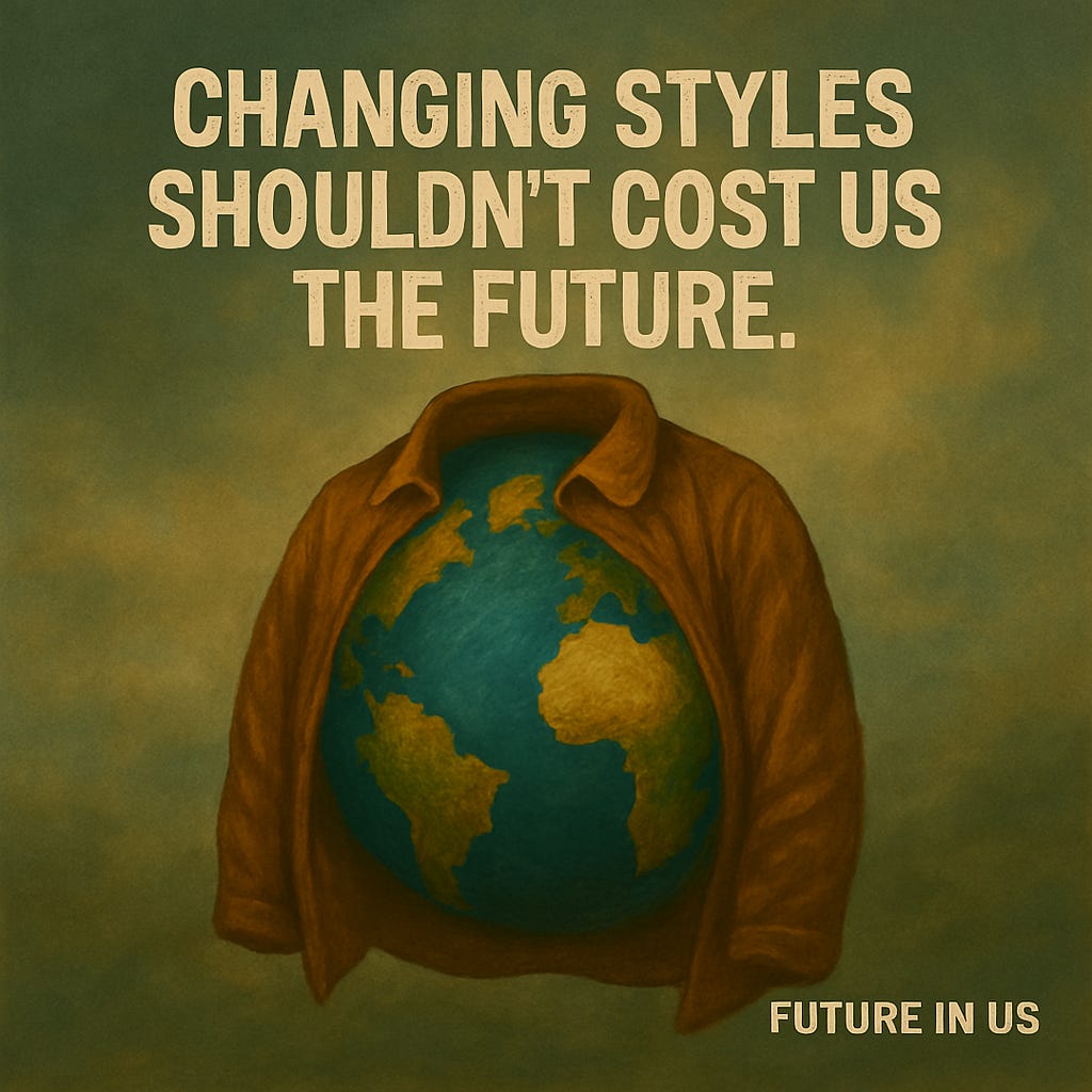 Illustration of planet Earth wearing a brown jacket with the message “Changing styles shouldn’t cost us the future.” The image highlights the environmental impact of fast fashion. Text “FUTURE IN US” appears at the bottom.