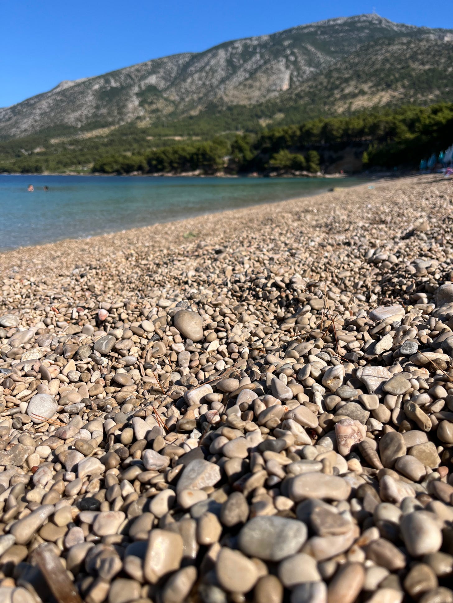 Pebble beach with mountains in the background