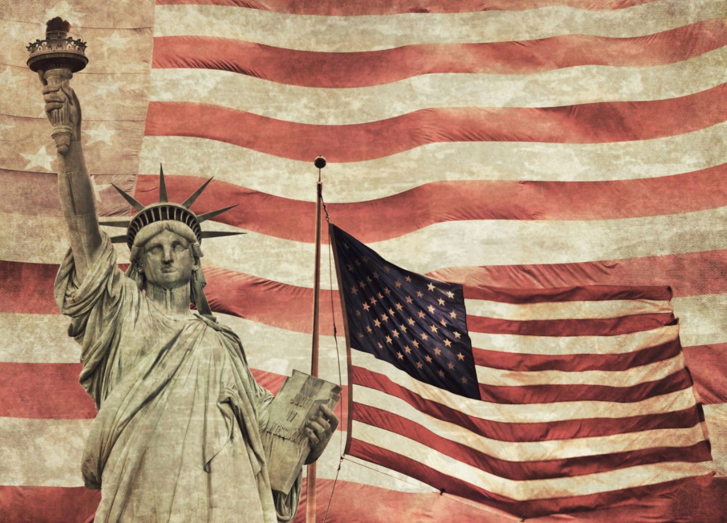 Statue of liberty with American flag