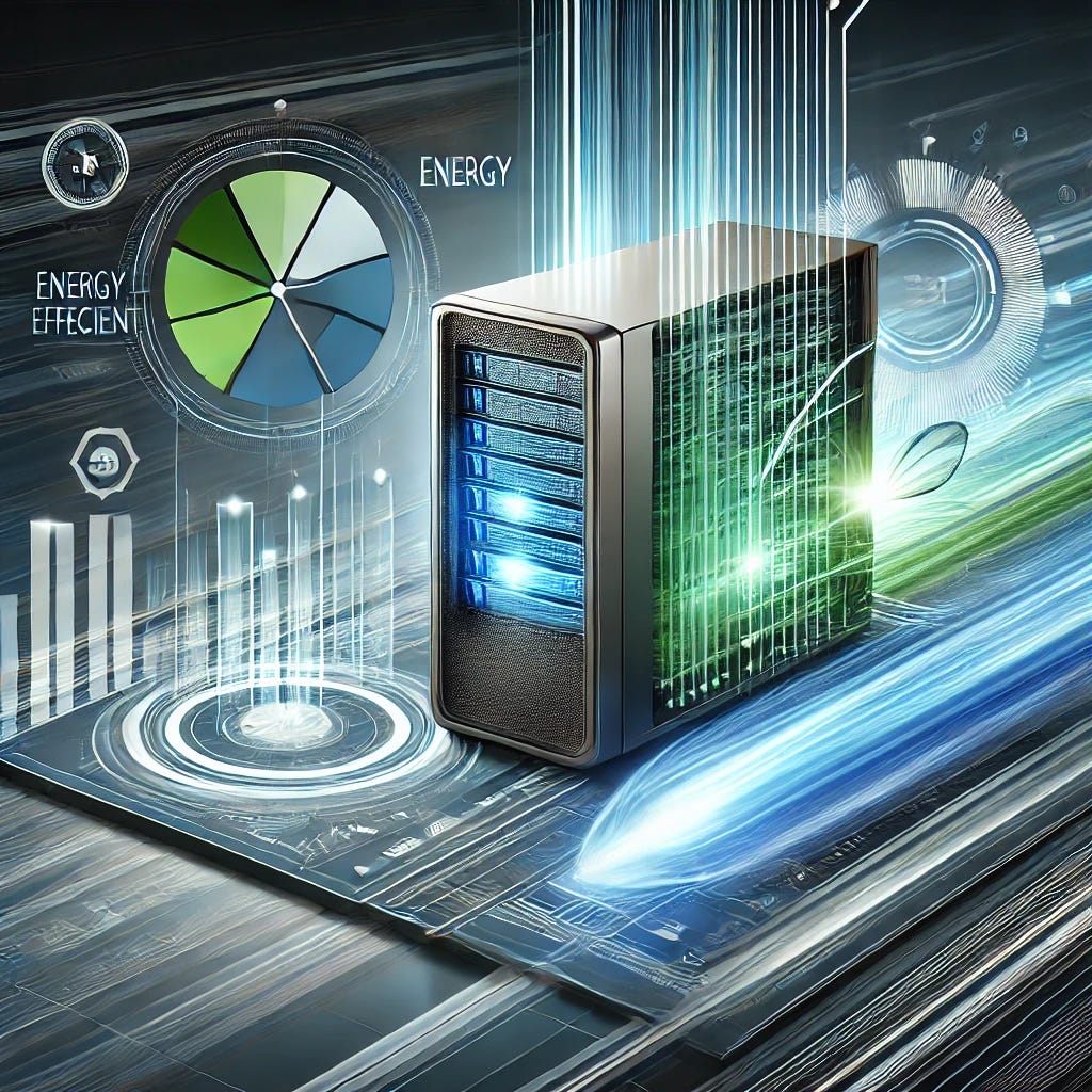 A sleek, modern graphic representing advanced AI technology. The scene includes a futuristic computer with energy-efficient elements, abstract data visualizations, and a dynamic flow of data. The background should convey speed and efficiency, featuring clean lines and a high-tech aesthetic. Colors should be cool tones like blue and green to symbolize technology and sustainability. The overall design should be simple yet visually impactful, avoiding any text or overly complex details.