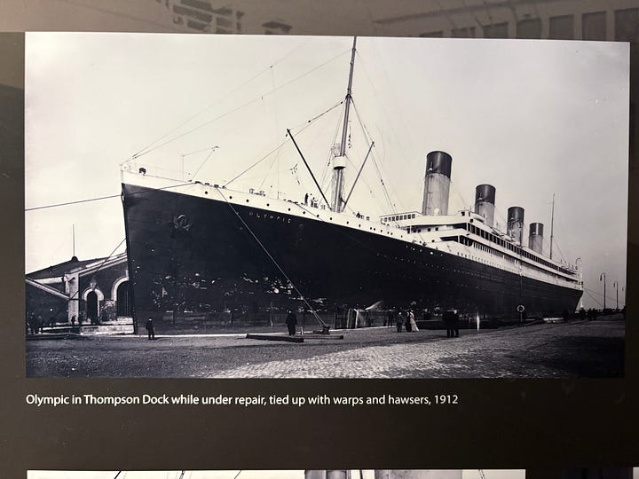 Photo of the Olympic (of the left) and Titanic (on the right) as displayed at the Titanic Hotel